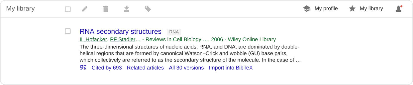 Google Scholar my library entry with label